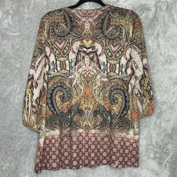 Energe XL Top Shirt Brown Paisley Scoop Neck 3/4 Sleeve Knit Embellished Stretch - Picture 4 of 7
